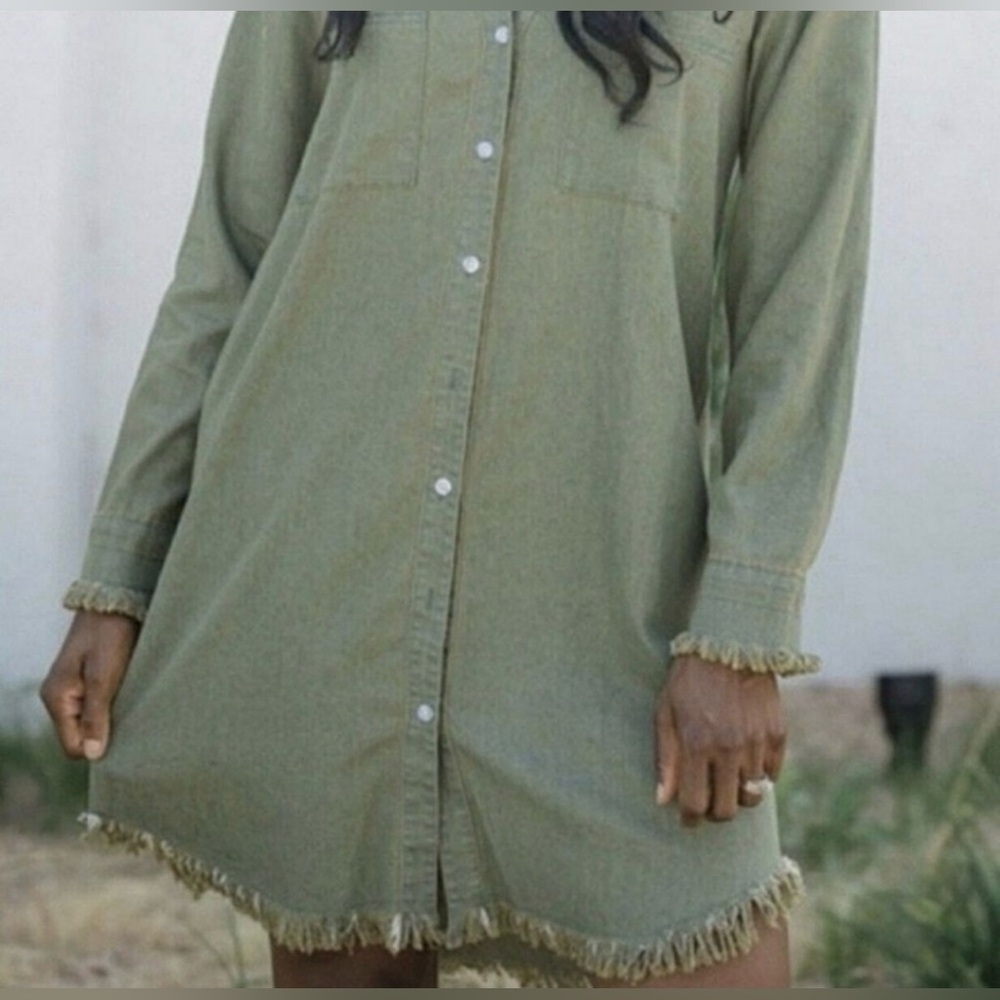 NWT FRANCIS CABREL Button Up Raw Edge Shirt Dress Olive Green SZ M